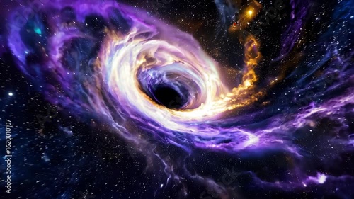 An abstract cosmic black hole accretion disk rotates with swirling purple and orange galactic nebula elements, science fiction astronomy animated video concept.