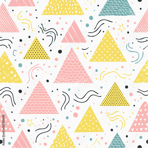 Playful pastel triangle pattern, hand-drawn texture, confetti, abstract design.