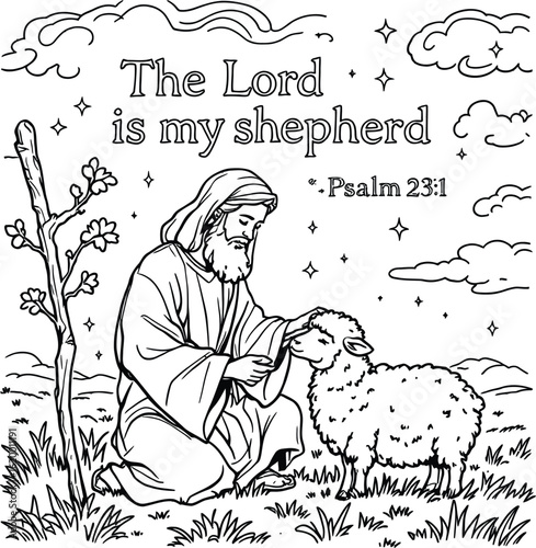 The lord is my shepherd coloring page with jesus and a sheep in a field under the stars and clouds
