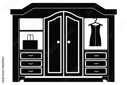 Illustration of wardrobe with drawers, shelves, dress and bag inside storage area