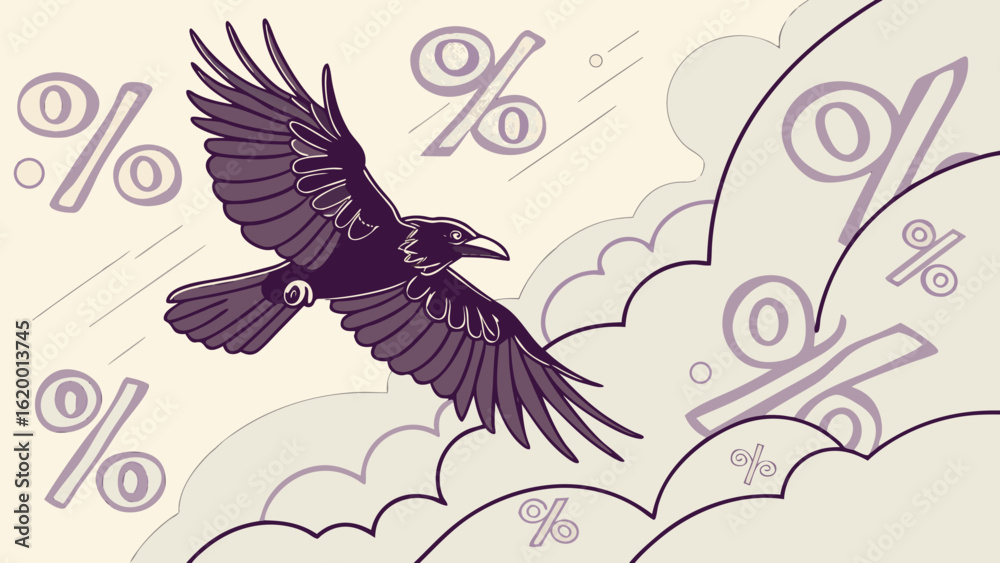 Obraz premium A solitary raven soars through a stylized sky filled with floating percentage symbols and abstract cloud shapes evoking a sense of financial or economic movement