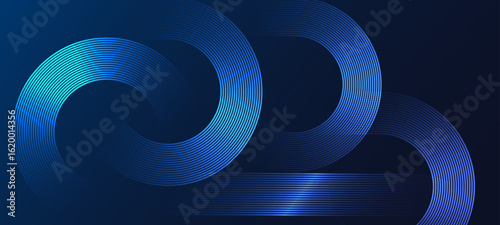 Circular line pattern on dark blue background with abstract geometric shapes