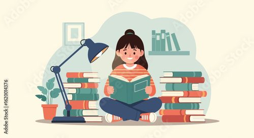 Girl Reading a Book in a Cozy Study Room Surrounded by Books