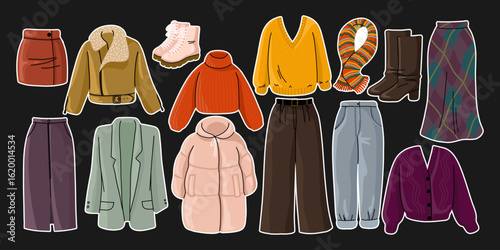 Flat vector illustration of a hand drawn stickers set of isolated womens clothing items, including skirts, sweaters, pants, jeans, jacket, puffer coat, blazer, boots, and high boots.