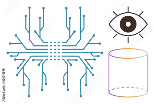 Circuit resembling a processor, minimal eye icon, transparent cylinder. Ideal for AI, big data, analysis, machine learning, cybersecurity innovation and digital future. Simple flat metaphor