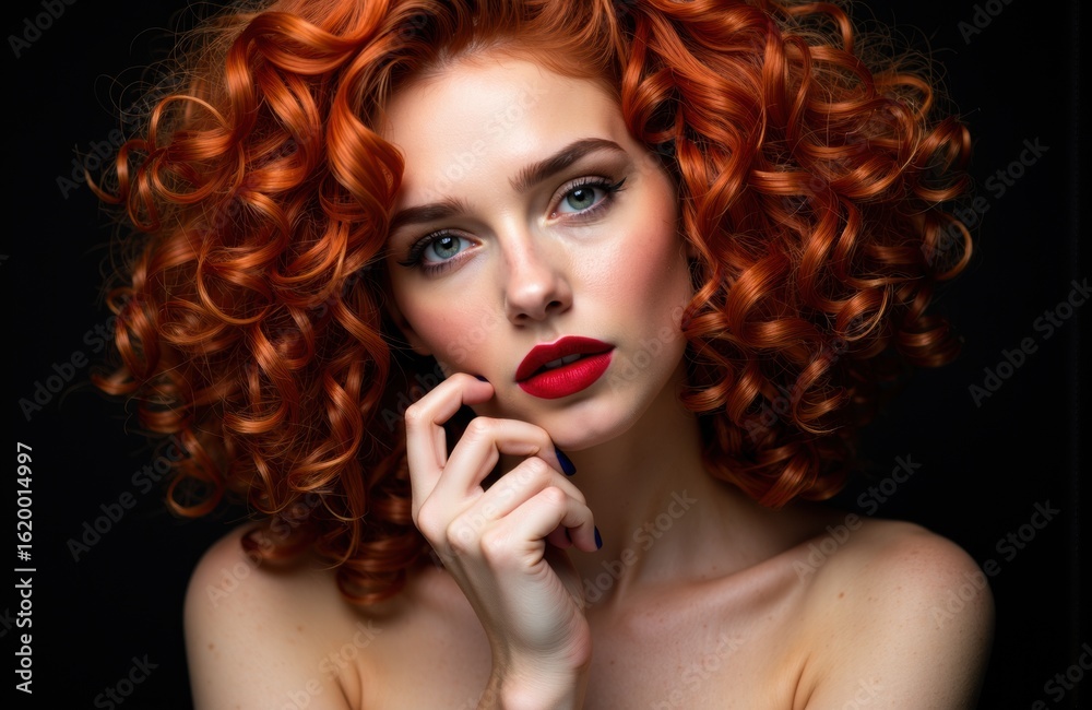 Fototapeta premium A woman with vibrant red curly hair and striking makeup poses against a dark background