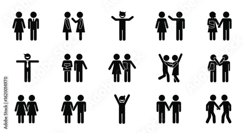 Vector illustration of collection of stick figure icons representing people and interactions