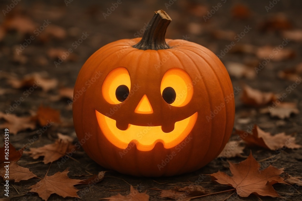 Fototapeta premium Glowing jack-o'-lantern amidst leaves.