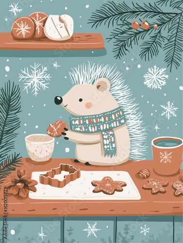 A flat winter kitchen poster with a hedgehog in a scarf baking gingerbread cookies, designed as cozy seasonal wall decor for holiday printable use
