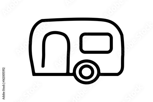 The image shows a simple, black outline drawing of a camper van or caravan. It has a rounded, rectangular body with a single wheel visible at the bottom right.