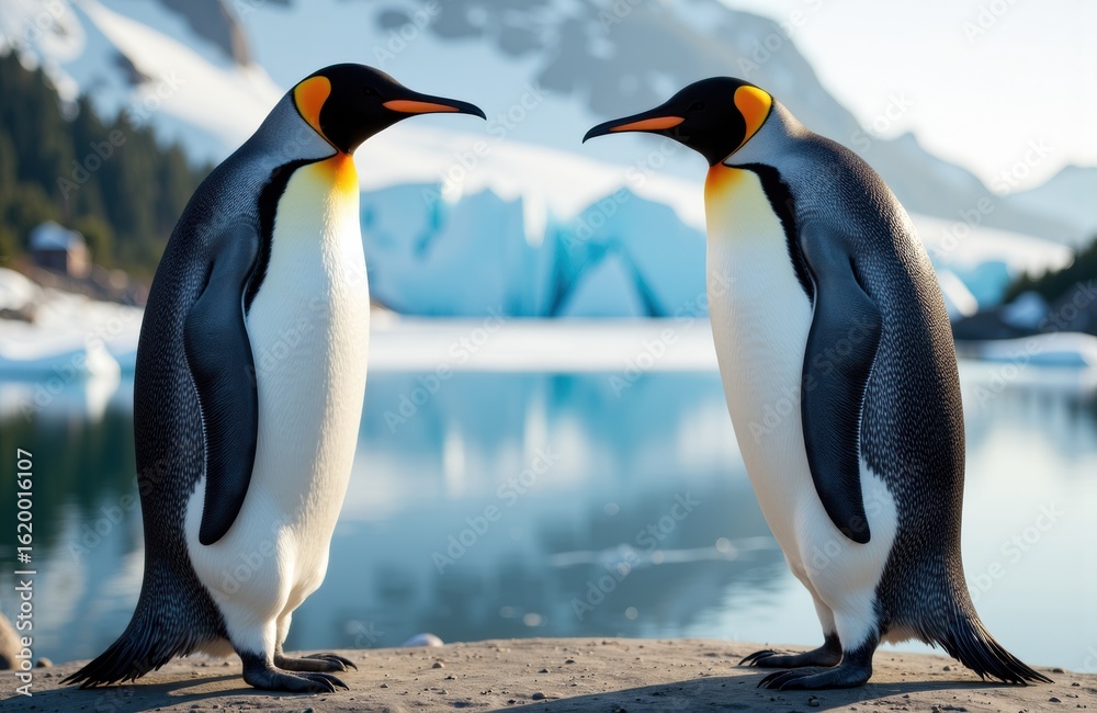 Fototapeta premium Two penguins standing on sandy ground near water with icebergs in the background