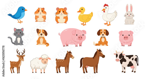 Vector illustration of collection of cute farm and pet animals isolated on white background