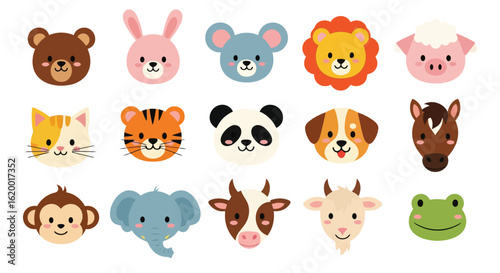 Vector illustration of set of cute cartoon animal faces isolated on white background