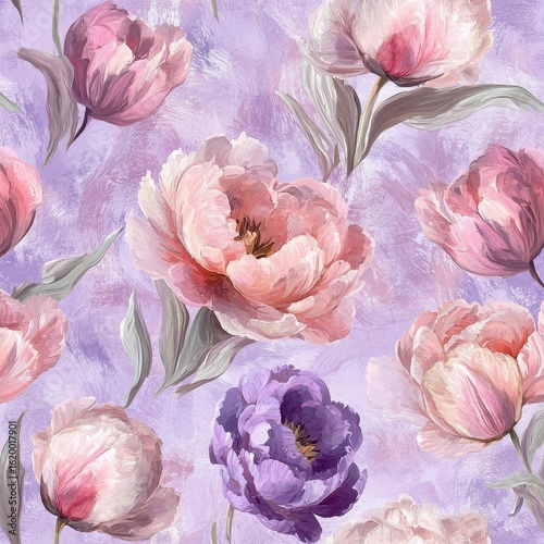 Elegant Floral Pattern Featuring Pink and Purple Tulips on Violet Background