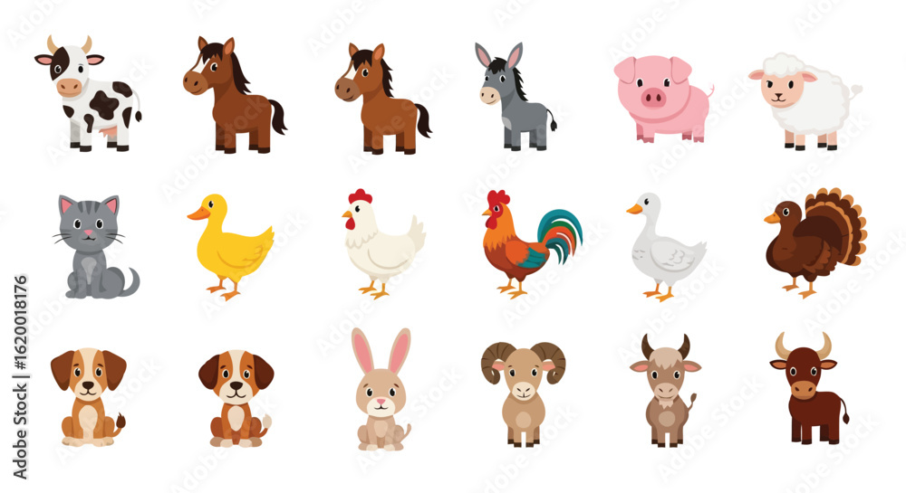 Fototapeta premium Vector illustration of collection of cute farm animals isolated on white background