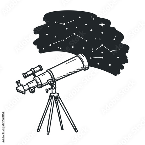 Vintage telescope sketch with night sky and constellations on tripod stand. Vector illustration