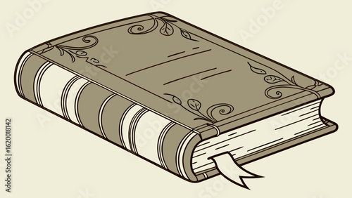 An antique hardbound book with a decorative cover featuring floral scrollwork and a ribbon bookmark presented in a classic sepia tone