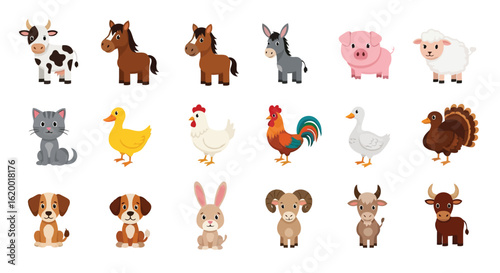 Vector illustration of collection of cute farm animals isolated on white background