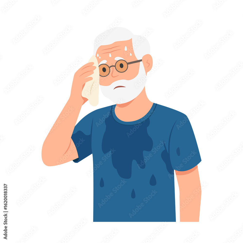 Old man wiping sweat with napkin.Senior sweating a lot. Vector illustration Old man wiping sweat with napkin.Senior sweating a lot. Vector illustration