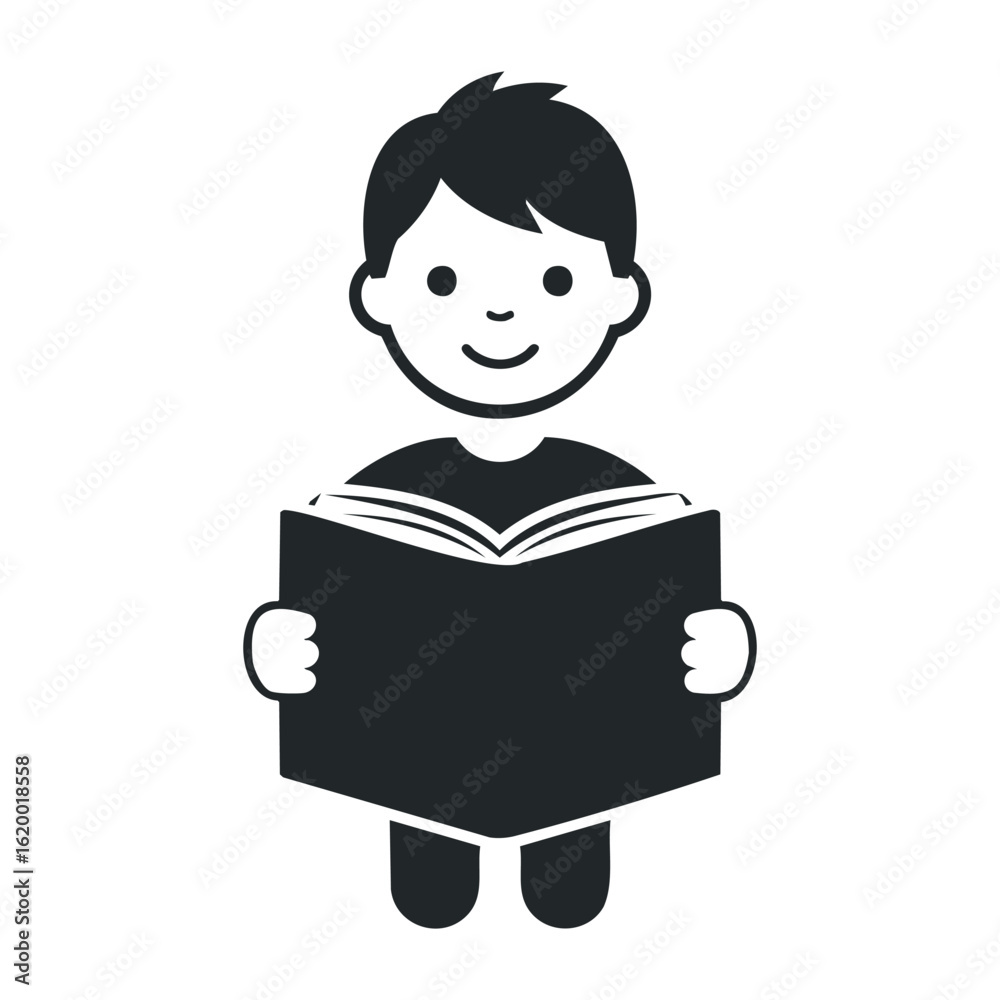 Smiling young caucasian boy reading a book icon with simple black design. Vector illustration Smiling young caucasian boy reading a book icon with simple black design. Vector illustration