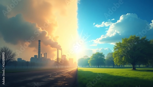 A stark contrast between an industrial city with heavy air pollution and a clean, vibrant green natural landscape, symbolizing a choice for a sustainable future.