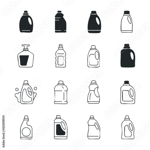 Collection of various bottle designs for cleaning and personal care products. Vector illustration
