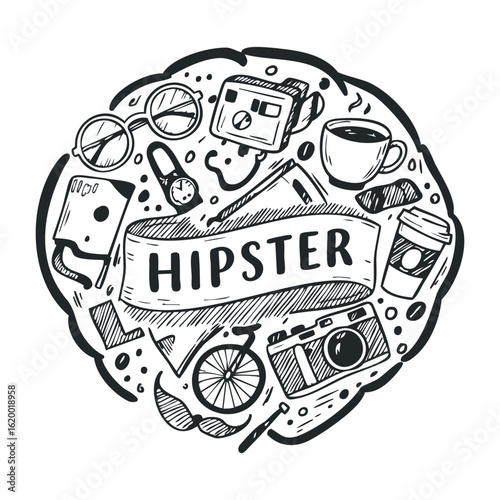 Hipster lifestyle elements sketch with sunglasses, camera, bicycle, coffee, and watch. Vector illustration