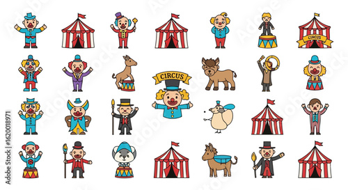 Vector illustration of circus performers and animals isolated on white background