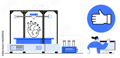 3D printer crafting a human heart model while a scientist observes progress on a computer. Ideal for healthcare, innovation, technology, research, medical advancement, future design, simple landing
