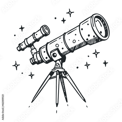 Vintage telescope and stars on tripod with small scope. Vector illustration