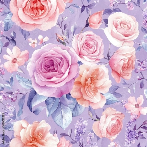 Delicate Floral Pattern with Pink and Purple Roses on Lavender Background