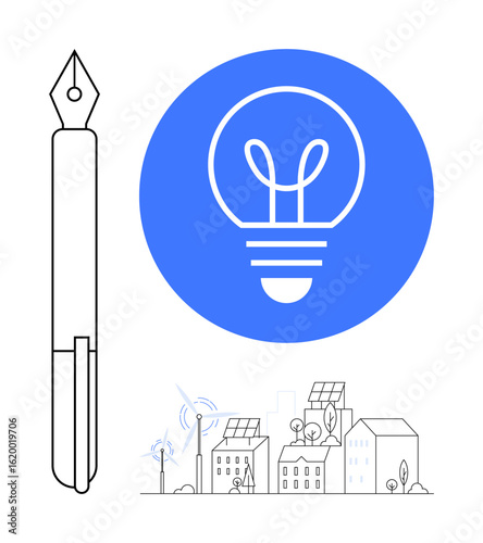 Pen, glowing light bulb in a blue circle, and eco-friendly townscape with solar panels and wind turbines. Ideal for innovation, creativity, sustainability, writing, design, energy simple landing