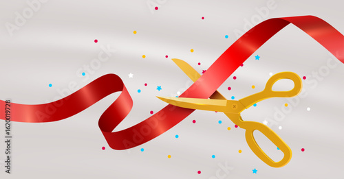 Grand Opening Event. Festive Ceremony Ribbon Cutting with Golden Scissors. Vector illustration
