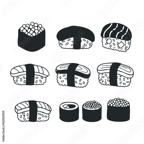 Variety of hand-drawn sushi: nigiri, maki, and gunkan illustrations in black and white. Vector illustration