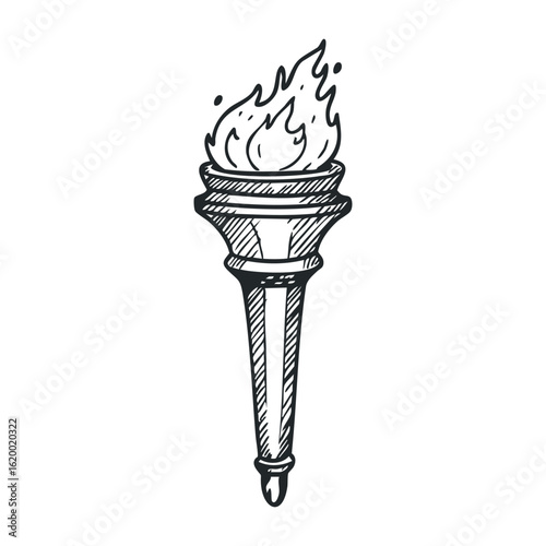 Hand-drawn flame torch sketch with detailed lines and intricate flames. Vector illustration