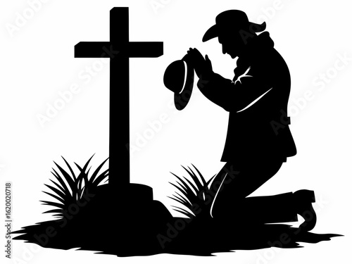 kneeling cowboy: praying at grave cross