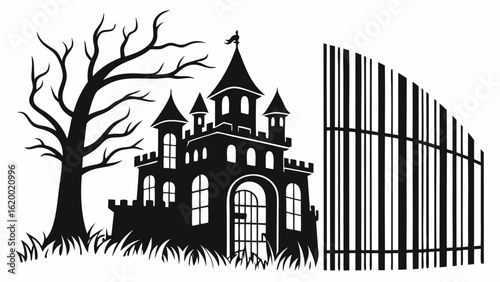 A spooky silhouette of a haunted castle with a bare tree and a tall barred gate evoking a sense of mystery and halloween