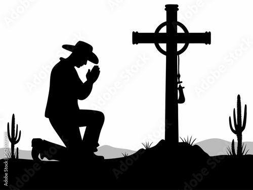 kneeling cowboy silhouette: desert cross prayer