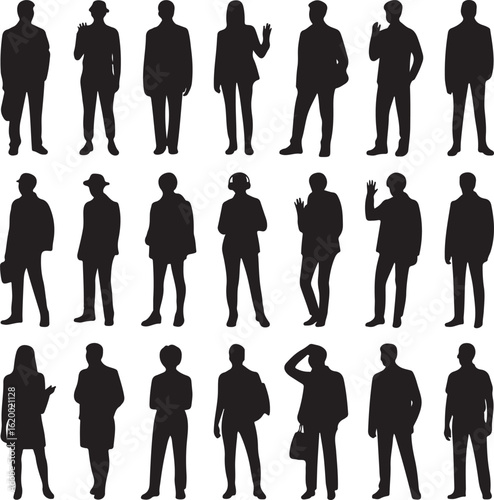 Silhouettes of people in various poses and attire women standing