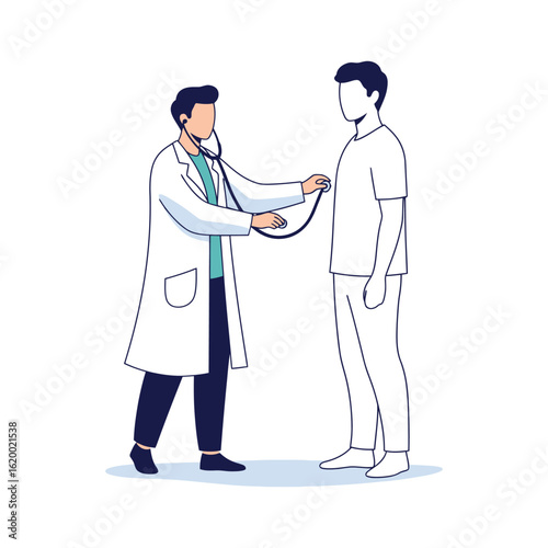 Male doctor using stethoscope on male patient's chest vector illustration