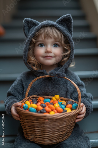 Little girl in cat costume holding candy basket.