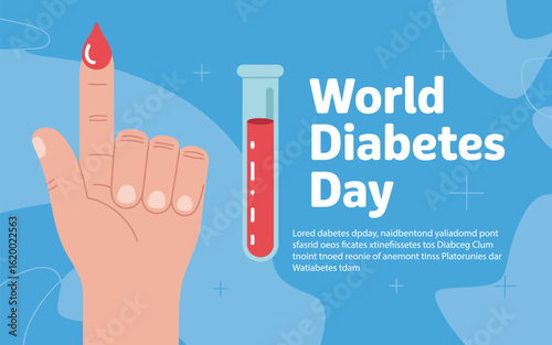 Illustration of world diabetes day blood drop on finger and test tube