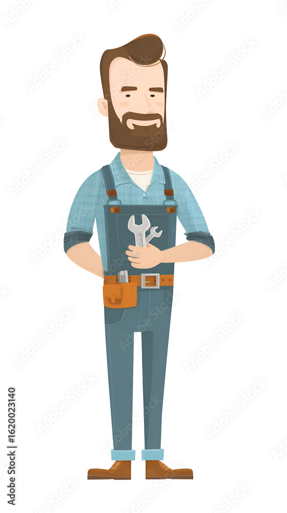 Smiling Cartoon Mechanic with Tools Holding Wrenches Wearing Blue Overalls and Brown Hair on Transparent Background Smiling Cartoon Mechanic with Tools Holding Wrenches Wearing Blue Overalls and Brown Hair on Transparent Background