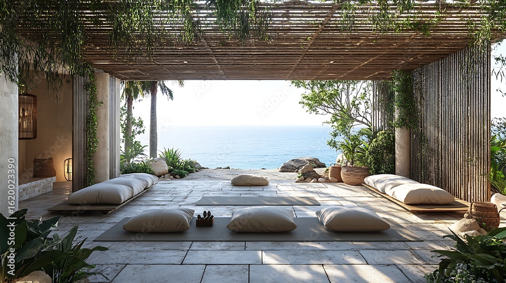 Fototapeta premium Serene Outdoor Yoga Patio with Ocean View