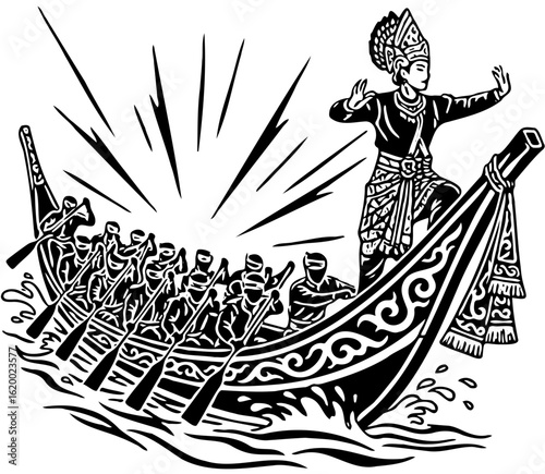 Traditional Pacu Jalur Boat Race Motif - Indonesian Ethnic Vector Art