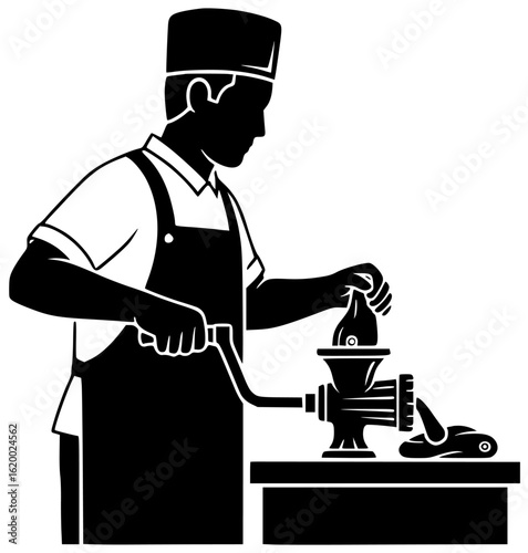 Butcher cutting meat butcher sharpening knife butcher preparing sausage butcher selling meat butcher handling chicken butcher slicing beef trimming fat grinding meat packaging steak serving