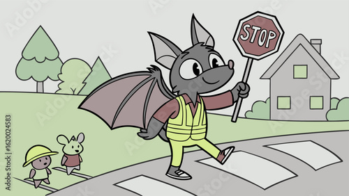 Friendly bat crossing guard helps small animals cross the street safely in a charming cartoon illustration