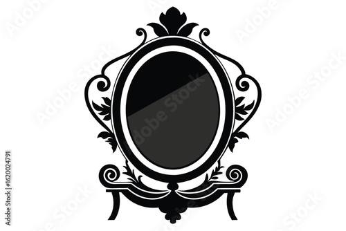 Ornate Black Vanity Mirror with Floral Accents and Elegant Base Illustration Vector
