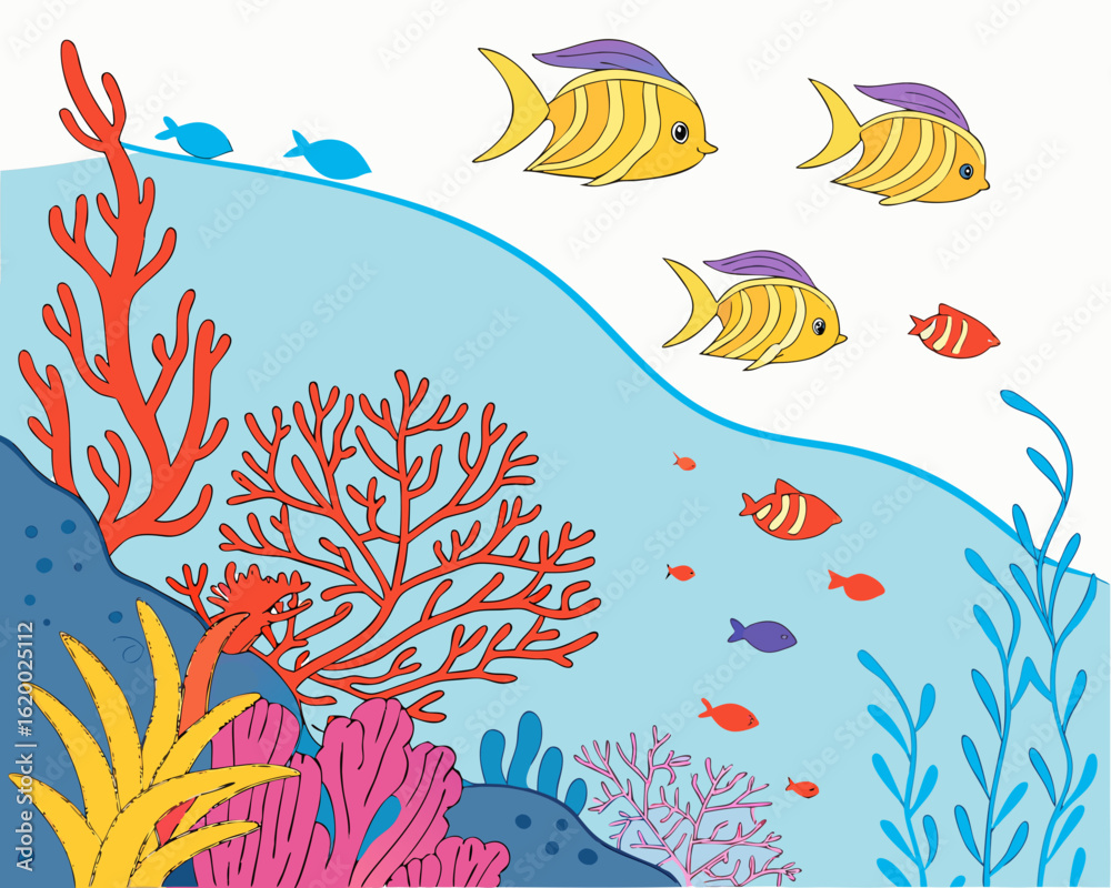 Fototapeta premium Vibrant Underwater Scene with Multicolored Fish Illustration