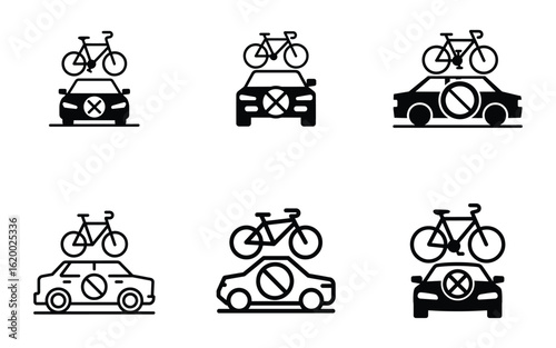 No Bike on Car Icon Set Prohibition Symbol and Bicycle Transport Illustration Design